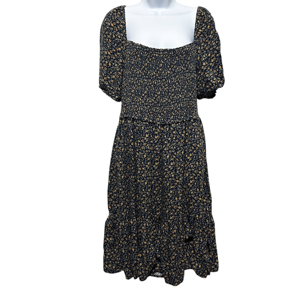 Time And Tru Womens Dress L Navy Yellow Floral Puff Sleeve Smocked‎ Midi Boho